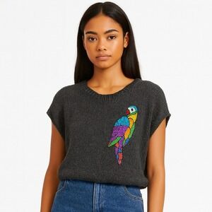 Thumsup Women's Vintage Sweater Rayon Blend Black Sequin Parrot Medium‎